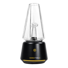 Tronian Omegatron 2 vapor cup with glass cup full of white vapor on black base with blue LED ring