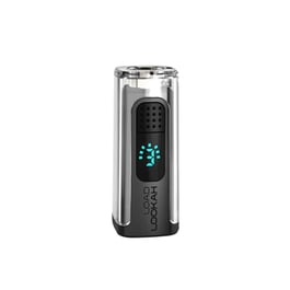 Lookah Load 510 battery in orange color option, close-up of a woman vaping with a cartridge attached, featuring a blue digital display showing battery level