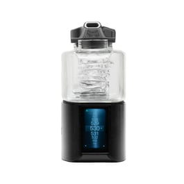 DaVinci EQ Electric Quartz e-rig with glass Jacuzzi bubbler and touchscreen showing the set temperature