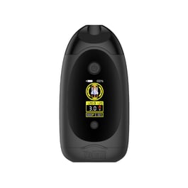 Yocan Dubb dual cartridge vape in black and blue with TFT display. Features 1.8V-4.2V voltage, auto shutdown, 10s preheat, 750mAh battery, vibration feedback, and dual cartridge support.