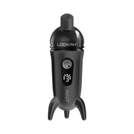 Black Lookah Ant dab pen vaporizer with its unique ant-like design and three legs, shown next to its packaging box.