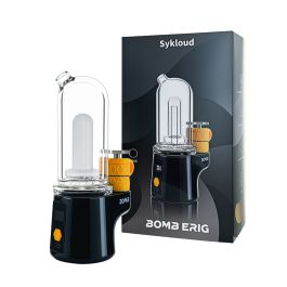 The Bomb Sykloud E Rig in black color with orange color accents, next to its packaging, on a white background.