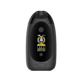 Yocan Dubb dual cartridge vape in black and blue with TFT display. Features 1.8V-4.2V voltage, auto shutdown, 10s preheat, 750mAh battery, vibration feedback, and dual cartridge support.