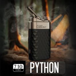 Lookah Python wax pen in black color option, featuring a 710 coils tech, angled view with metallic mouthpiece, and vapor rising against a forest campfire background, premium dab pen for cannabis concentrate sessions.