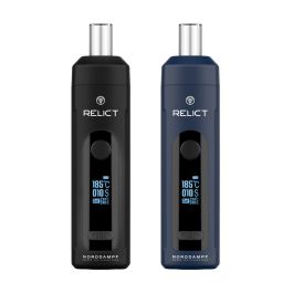 Norddampf Relict vaporizers shown in black and nordic blue color options featuring digital temperature display screens
