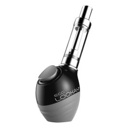 A hand holding a Lookah Egg 510 thread battery, showcasing its orange and black design with a visible button.