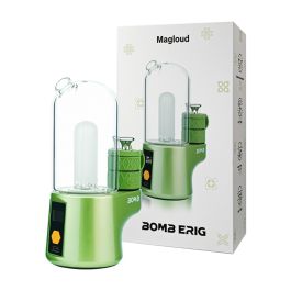 Lime green BOMB Magloud E Rig with its packaging box, featuring the portable electric dab rig for concentrates vaporization, ideal for on-the-go dabbing sessions.