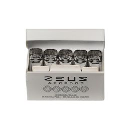 Packaging box of Zeus WaxPods, displaying multiple silver cylindrical pods arranged in a row, with the "Zeus Arcpods" logo visible on the front.