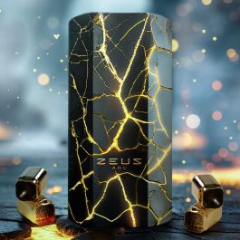 Front view picture of the Zeus Arc GT4 vaporizer with Zeus Arc logo on the front with Zeus ArcPods dosing capsules nearby unpacked. 